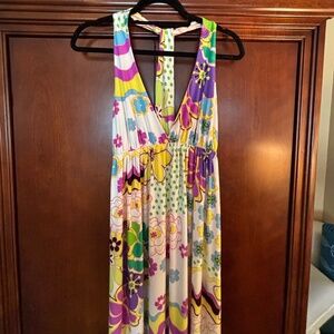 Vintage70s Psychedelic Floral Plunge V-Neck Halter Maxi Dress Multi Color Size M